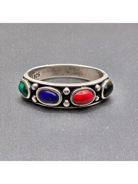 Vintage Sterling Silver Multi Gemstone Ring Size 7.75 Lapis Malachite Coral Onyx